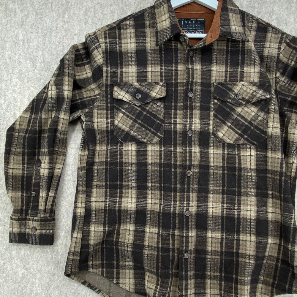 Jachs New York Mens Brown Plaid Flannel Shirt Corduroy Collar Large